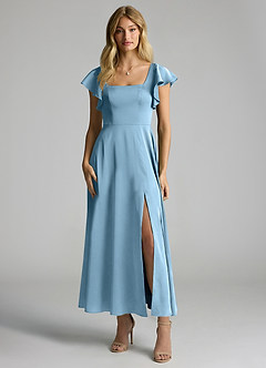 Azazie Bondi Bridesmaid Dresses Steel Blue A-Line Ruched Stretch Satin Dress image4