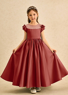 Azazie Toffee Abiti da Ragazza di Fiori Abito Stile Principessa in Raso Opaco Fiocco Terracotta image2