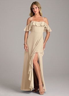 Azazie Aubrie Bridesmaid Dresses Champagne A-Line Off the Shoulder Chiffon Dress image4