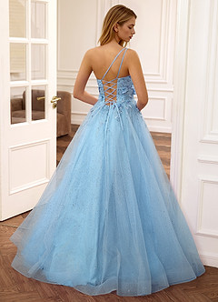 Felicite Sky Blue Floral A-line Tulle Sequin One Shoulder Glitter Prom Dress image2