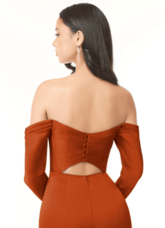 Azazie Hallie Jurken voor bruidsmeisjes Converteerbaar Jurk van Stretch Satijn met Kolom Off-the-shoulder lange mouw Verbrande Sinaasappel image8