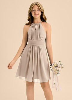 Azazie Bonnie Junior Taupe A-Line Pleated Chiffon Dress image3