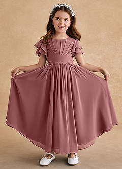 Azazie Ali Robe Demoiselle D'honneur Fillette Robe Trapèze en Mousseline de soie Plissée Rose Du Désert image1
