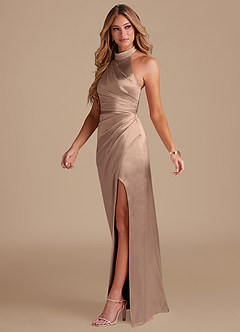 Azazie Jemma Brautjungfernkleider Etui Plissee Metallischer Satin Kleid Taupe image4