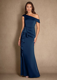 Azazie Hamptons Mother of the Bride Dresses Dark Navy A-Line Pleated Stretch Satin Dress image4
