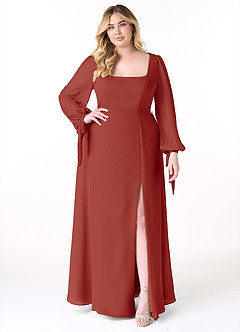 Azazie Leonia Abiti da Damigella Abito A-Line in Chiffon Manica Lunga Terracotta image8