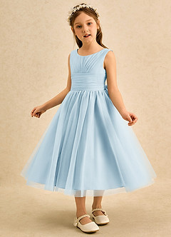 Azazie Macaron Flower Girl Dresses Sky Blue A-Line Pleated Tulle Dress image4