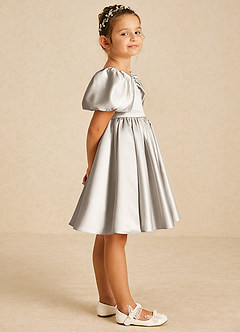 Azazie Muffin Flower Girl Dresses Frost A-Line with Sleeves Matte Satin Dress image3