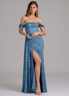 Azazie Amyra Jurken voor bruidsmeisjes Converteerbaar Jurk van Bloemen Burn-out met Zeemeermin Off the Shoulder Staal Blauw image1