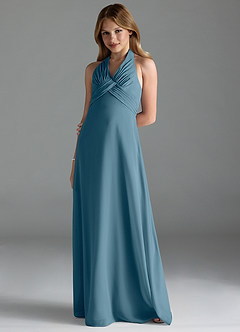 Azazie Tessie Junior A-Linie Plissee Chiffon Kleid Bermudablau image1