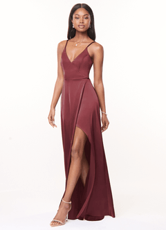 Azazie Maksim Bridesmaid Dresses Merlot A-Line V-Neck Stretch Satin Dress image4