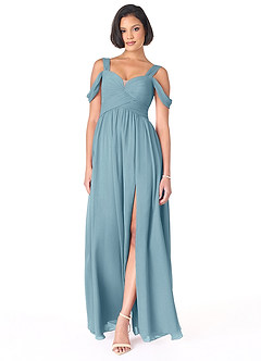Azazie Lianne Robes de demoiselle d'honneur Robe Trapèze en Mousseline de soie Épaule décolletée Bleu Maussade image2
