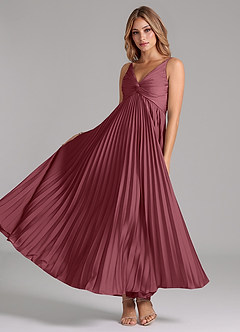 Azazie Raychelle Bridesmaid Dresses Desert Rose A-Line Pleated Stretch Satin Dress image2