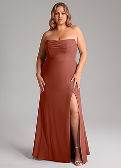 Azazie Saige Vestidos de madrinha de casamento Vestir Castanho Aloirado de Chiffon de Linha A com Fora do ombro image16