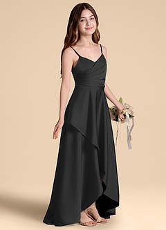 Azazie Prisha Junior A-Linie Plissee Stretch-Satin Kleid Schwarz image1