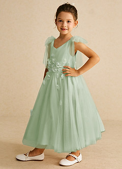 Azazie Minia Jurken voor bloemenmeisjes A-Lijn Jurk van Mat Satijn Boog Stoffige Salie image5