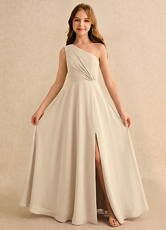 Azazie Puddles Girls Formal Flower Girl Dresses Champagne A-Line One Shoulder Chiffon Dress image5