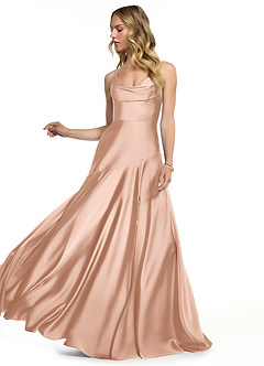 Azazie Kayla Bridesmaid Dresses Rose Gold Sheath Side Slit Stretch Satin Dress image2