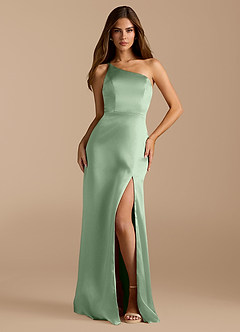 Azazie Trina Final Sale Matcha A-Line One Shoulder Metallic Satin Dress image3