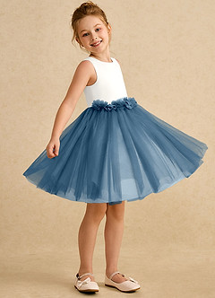 Azazie Louisa Blumenmädchenkleider A-Linie ärmellos Tüll Kleid Elfenbein Bermudablau image3
