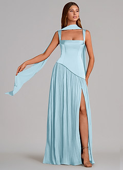 Azazie Stephanie Vestidos de damas de honor Vestido de Azul Cielo de Satén Elástico de Corte en A con Plisado image1