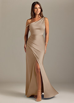 Azazie Madelyn Bridesmaid Dresses Taupe Mermaid Off the Shoulder Stretch Satin Convertible Dress image1