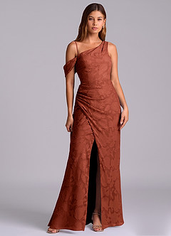 Azazie Madelyn Robes de demoiselle d'honneur Robe Sirène Convertible en Blumen-Burnout Ue épaule Terracotta image6