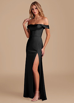 Azazie Saige At-home Try On Dresses Black A-Line Off the Shoulder Metallic Satin Convertible Dress image6