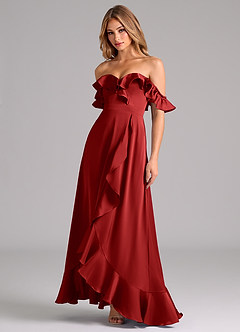 Azazie Lyra Bridesmaid Dresses Pomegranate A-Line Off the Shoulder Stretch Satin Convertible Dress image4