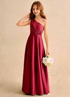 Azazie Puddles Girls Formal Blumenmädchenkleider A-Linie One-Shoulder Matte Satin Kleid Scharlachrot image6
