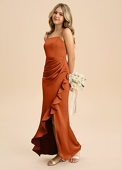 Azazie Buzzy Junior Burnt Orange Sheath Pleated Stretch Satin Dress image6