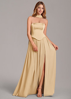 Azazie Cadence Bridesmaid Dresses Gold A-Line Corset Stretch Satin Convertible Dress image3