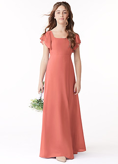 Azazie Bondi Junior Abito A-Line in Chiffon Fiocco Salmone Rosa image2