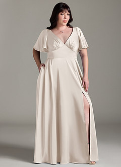 Azazie Kimber Bridesmaid Dresses White Alabaster A-Line Ruched Stretch Satin Dress image9