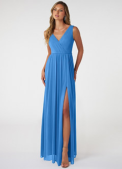 Azazie Tanicia Bridesmaid Dresses Blue Jay A-Line V-Neck Pleated Mesh Dress image1