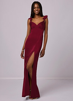 Barbie ♥ Azazie Robes de demoiselle d'honneur Robe Fourreau en Satin extensible Bourgogne image3