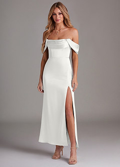 Azazie Saige Bridesmaid Dresses White Mermaid Off the Shoulder Stretch Satin Dress image3