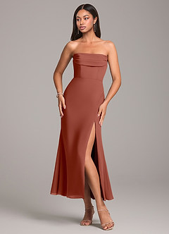 Azazie Saige Robes de demoiselle d'honneur Robe Fourreau Convertible en Mousseline de soie Épaule décolletée Auburn image6