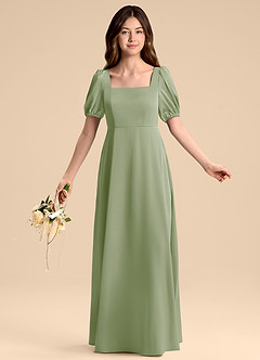 Azazie Briar Junior Vestido de Salvia Polvorienta de Satén Elástico de Corte en A con Lazo image5