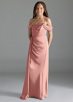 Azazie Amyra Junior Rosette Sheath Off the Shoulder Stretch Satin Dress image4