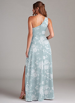 Azazie Brooke Vestidos de damas de honor Vestido de Floral Azul Polvo de Satén Elástico de Corte en A con Hombro unilateral image7