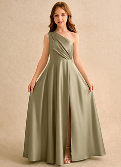 Azazie Puddles Girls Formal Flower Girl Dresses Moss Green A-Line One Shoulder Stretch Satin Dress image5