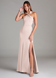 Azazie Rue Bridesmaid Dresses Blushing Pink A-Line Pleated Stretch Satin Dress image1