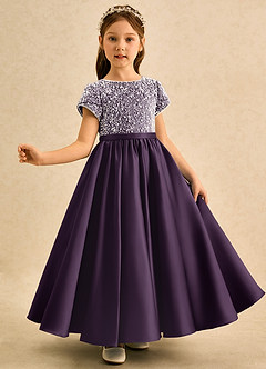 Azazie Cashew Flower Girl Dresses Plum Ball-Gown with Sleeves Matte Satin Dress image4