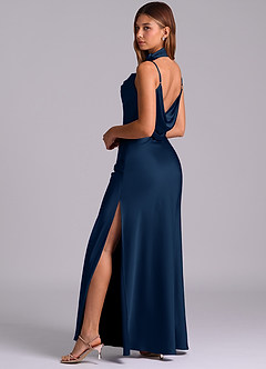 Azazie Yazmine Venta Final Vestido de Azul Marino Oscuro de Satén Elástico de Corte Sirena con Plisado image5