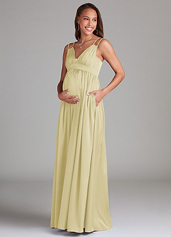 Azazie Emree At-home Try On Dresses A-Line Stretch Satin Floor-Length Dress with Pockets image3