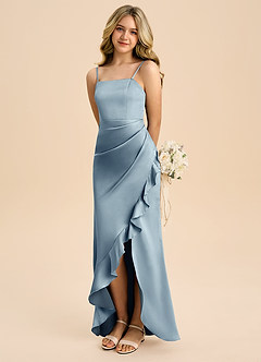 Azazie Buzzy Junior Dusty Blue Sheath Pleated Stretch Satin Dress image1