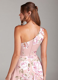Azazie Brooke Bridesmaid Dresses Rosy Floral Bloom A-Line One Shoulder Stretch Satin Dress image2