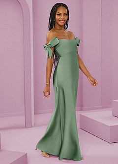Barbie ♥ Azazie Jurken voor bruidsmeisjes Converteerbaar Jurk van Stretch Satijn met Kolom Off the Shoulder Matcha image1