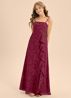 Azazie Kaylee Junior Burgundy A-Line with Belt Floral Burnout Dress image5